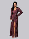 V-neck Waist-cinching Belt Sequins Sheer Lantern Sleeves Maxi Dresses