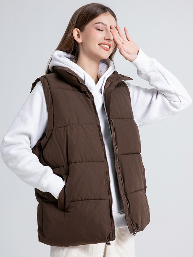 Stand Collar Sleeveless Zipper Pocket Warm Loose Mid-length Down Cotton Vest Jacket