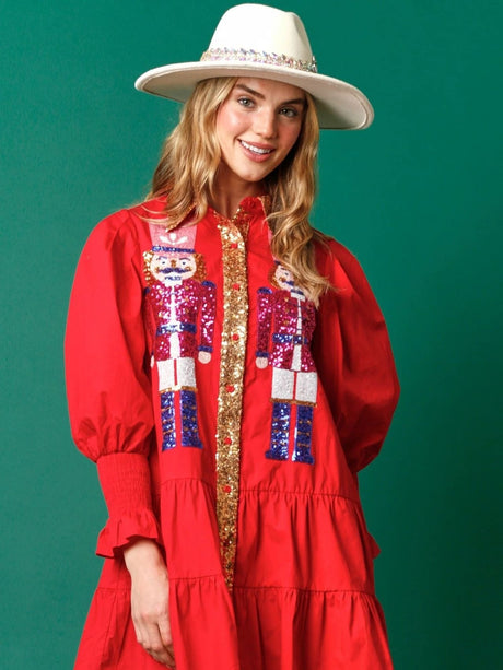 Christmas Sequined Nutcracker Soldier Contrast Color Long Sleeve Lapel Dress