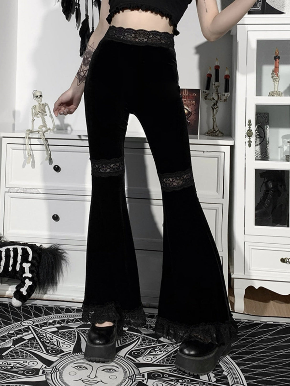 Y2K Velvet Lace Patchwork Hollowed-out Perspective High-waisted Flared Pants Slimming Pants