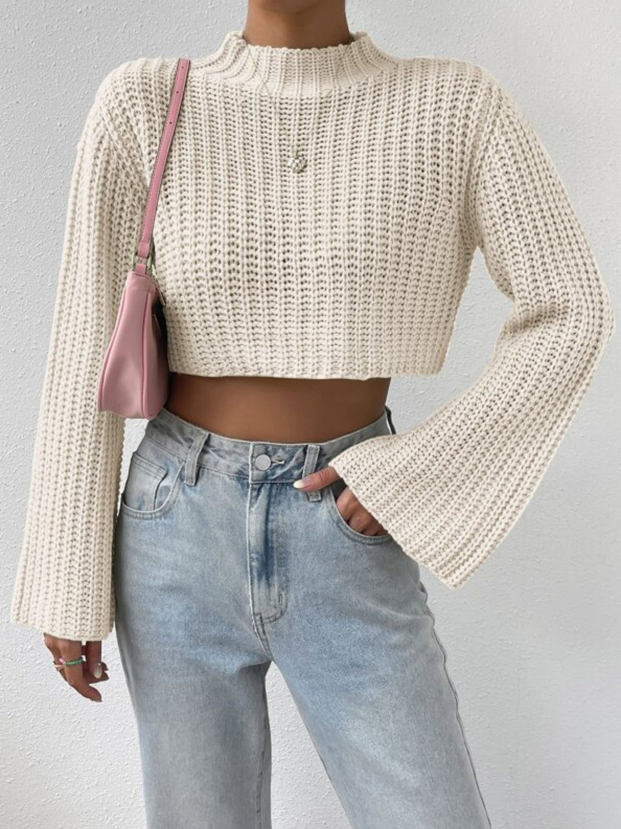 High-waisted Short Bell Sleeves Mock Neck Pullover Sweater