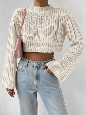 High-waisted Short Bell Sleeves Mock Neck Pullover Sweater