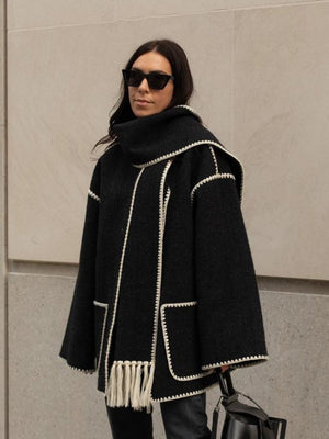 Wool Coat With Scarf And Tassels, Warm And Thick For Autumn And Winter.