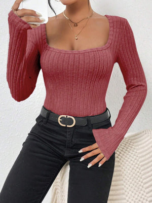 Knitted Ribbed Brushed Striped Square Neck Long-Sleeved Bodysuit Top