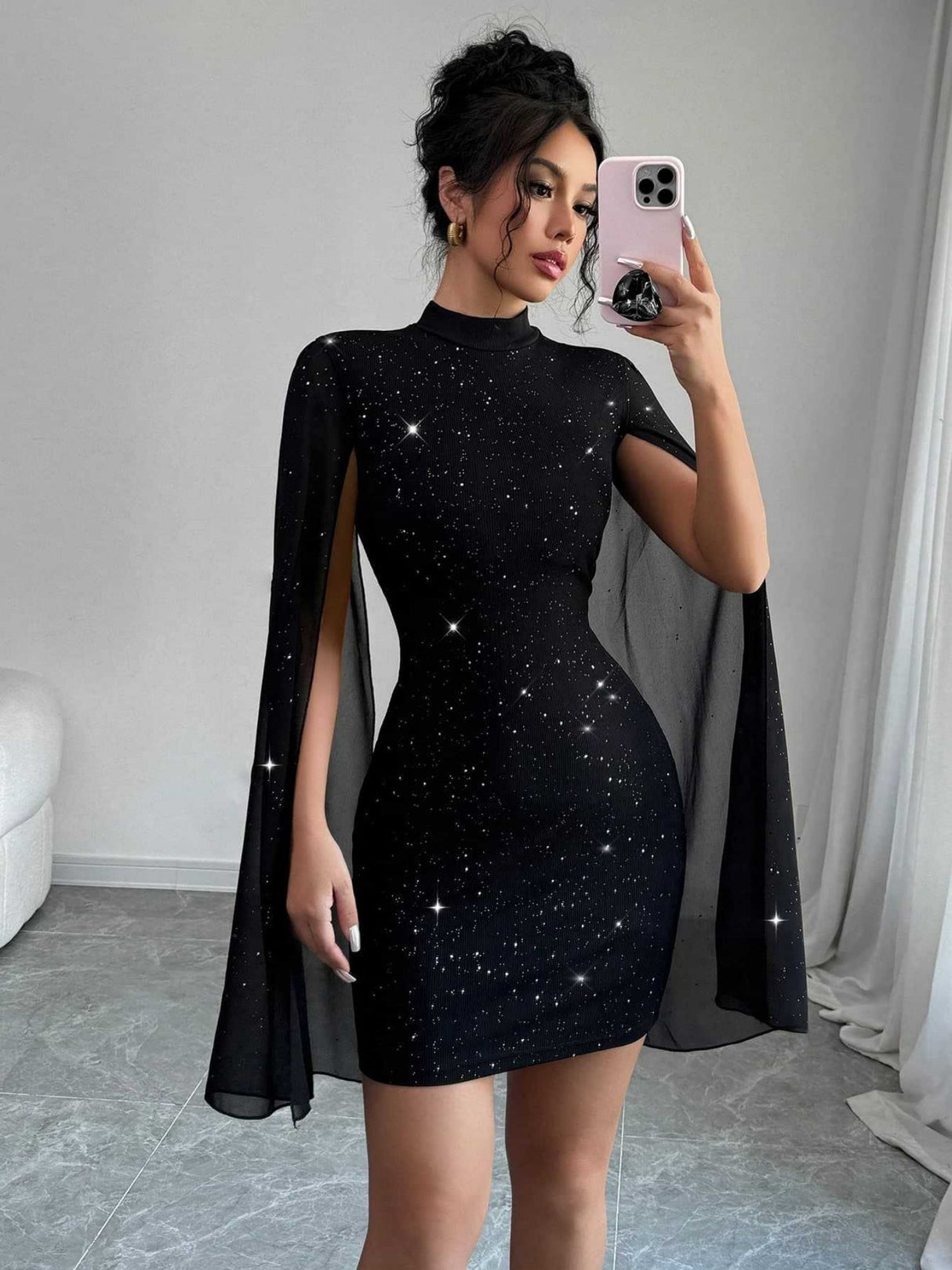 Turtleneck Sequins Chiffon Cape Lantern Sleeve Short Dress