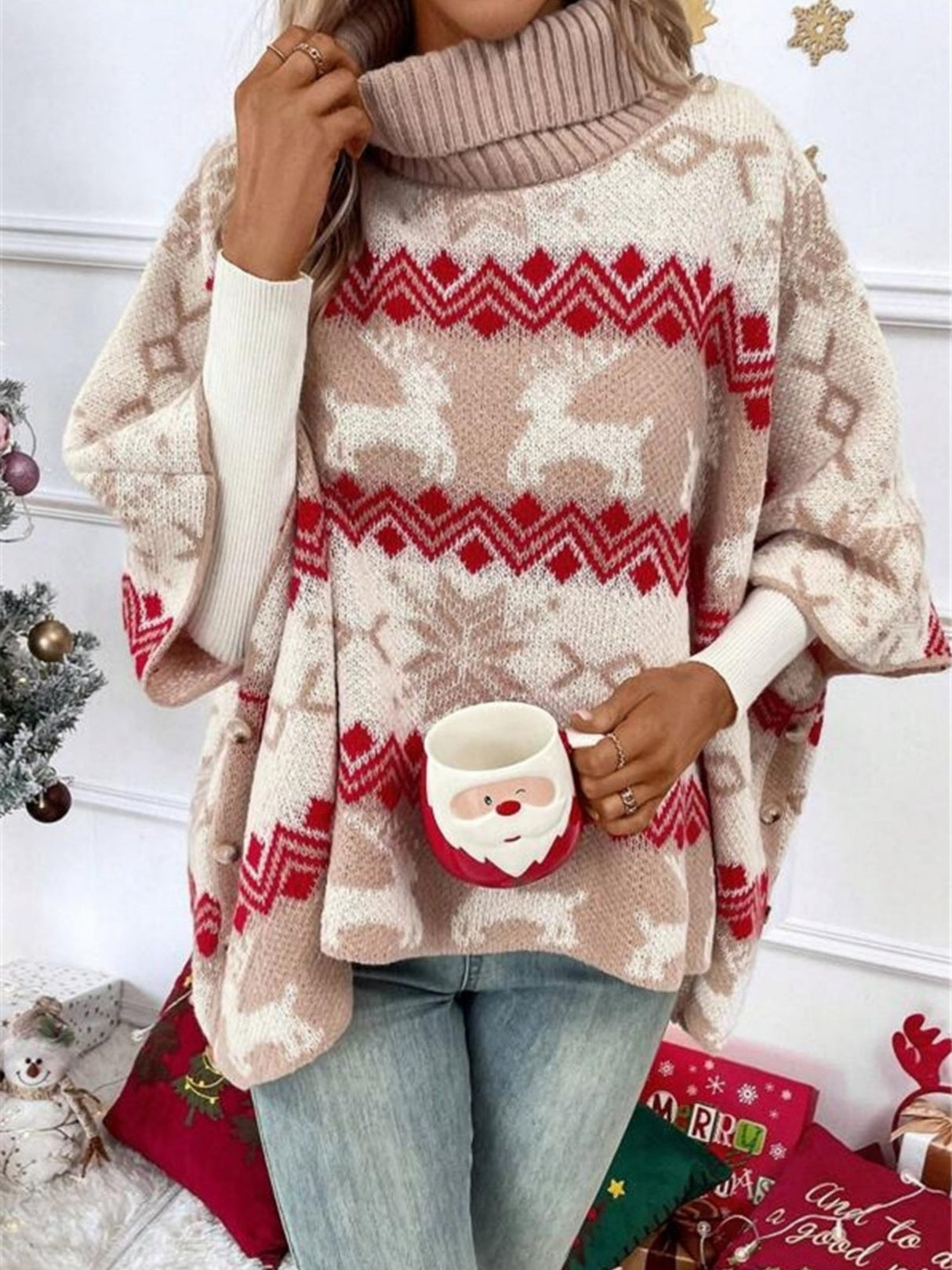 Christmas Elk Contrasting Colors Batwing Sleeve Sweater
