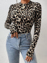 Leopard Print Stand Collar Long-sleeved Leopard Print Jumpsuit Top