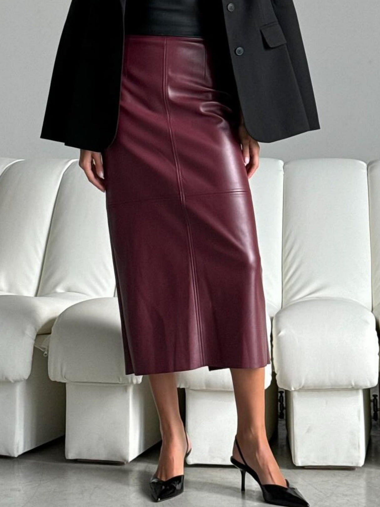 Leather Stitching High-waisted Back Slit Long Skirts