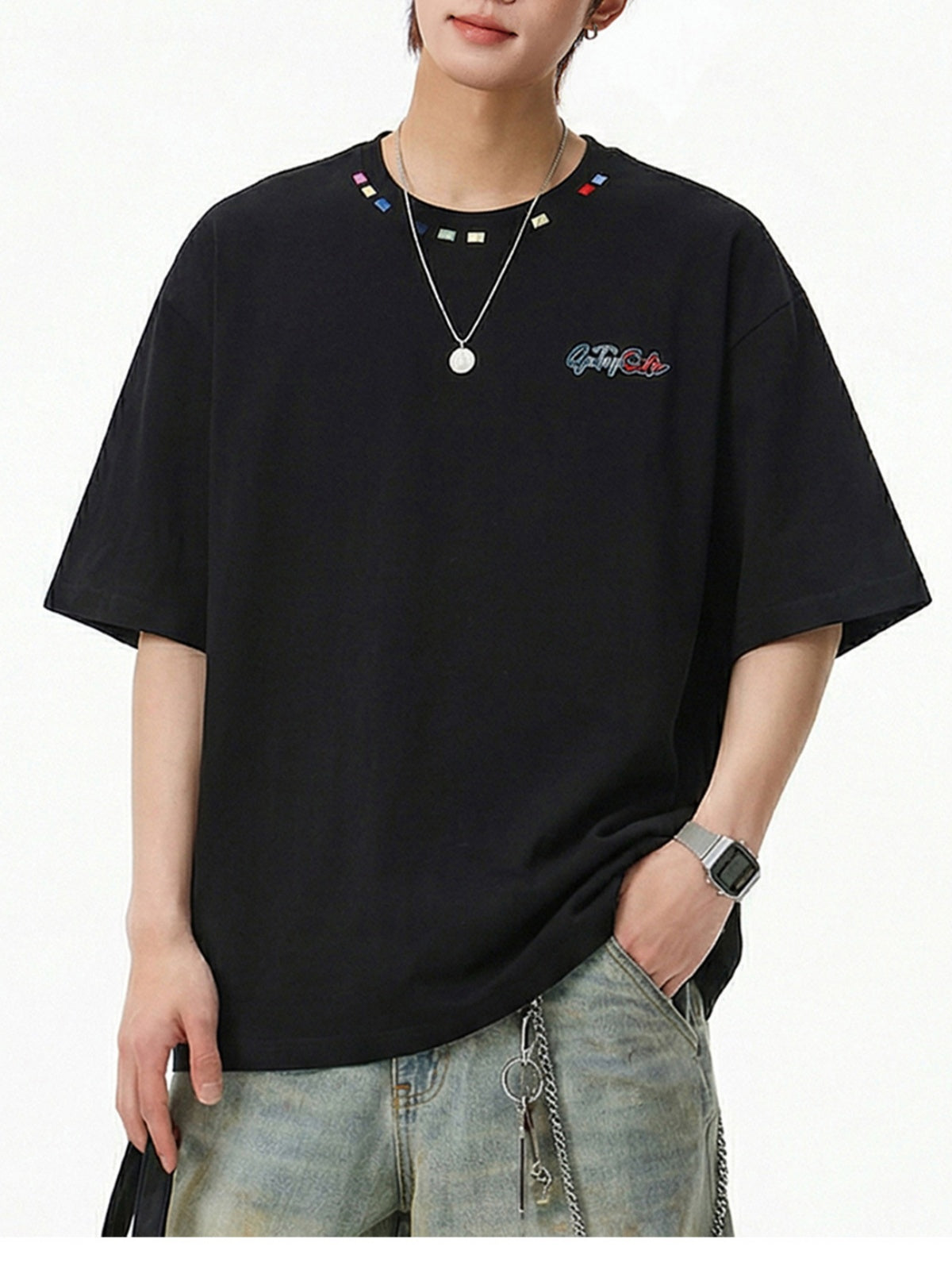 Color-blocked Colorful Embroidery Loose-fit T-shirts