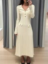 Lapel Button Ribbed Long Sleeve Fishtail Knitted Dress