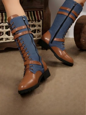 Color-blocked Denim Belt Buckle Knee-high Women's Boots