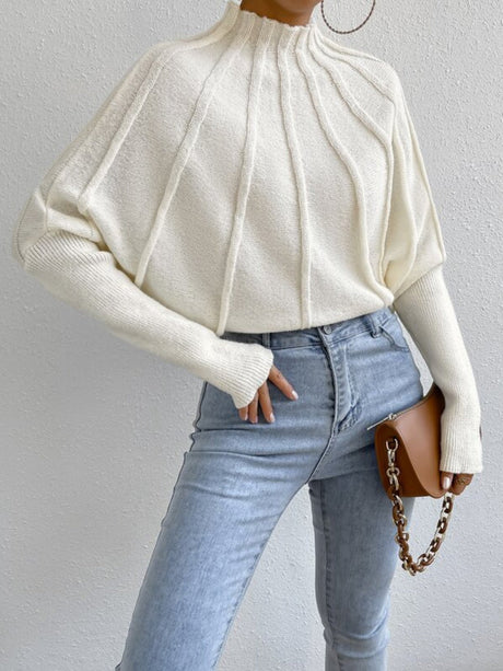 Crochet Mock Neck Batwing Sleeves Knitted Sweater