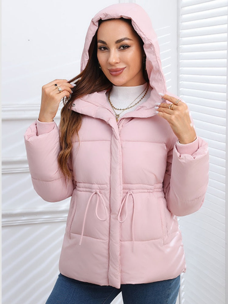 Stand Collar Waist Tie Down Padded Jacket Warm Coat
