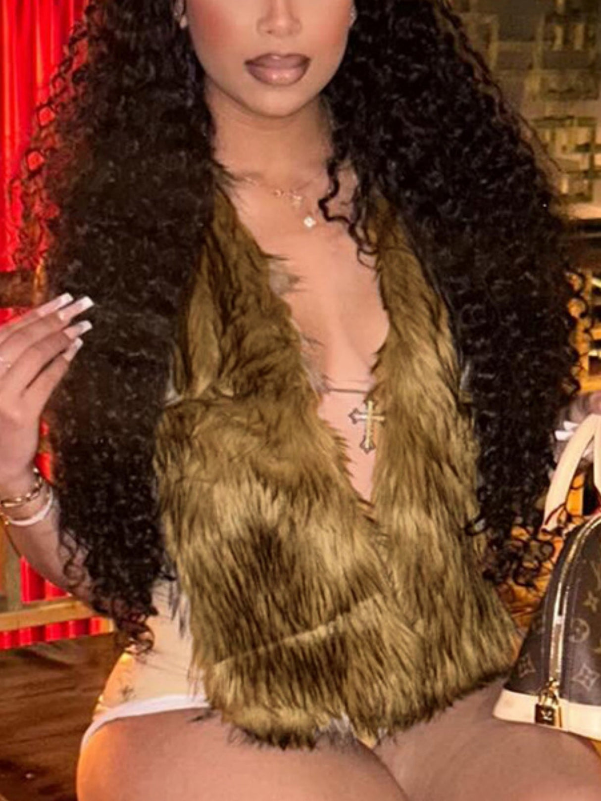 Furry Neckband V-neck Big Backless Sleeveless Rope Cropped Top Tank Tops&Camis