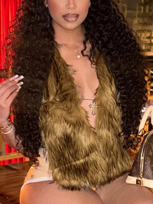 Furry Neckband V-neck Big Backless Sleeveless Rope Cropped Top Tank Tops&Camis