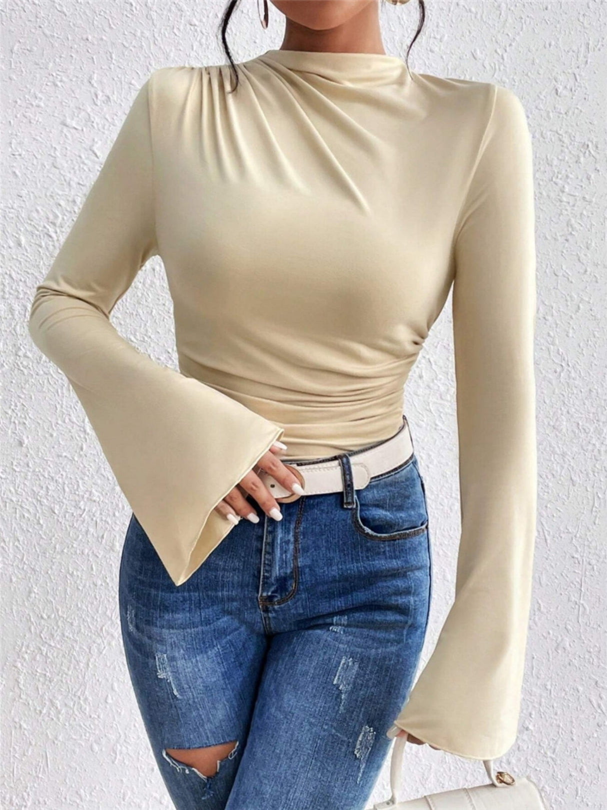 Bell Sleeves Stand-up Collar Long-sleeved T-shirt