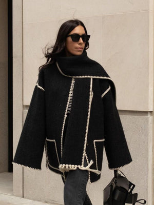 Wool Coat With Scarf And Tassels, Warm And Thick For Autumn And Winter.