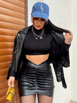 Pleated PU Commuter Skirt Bodycon Skirt