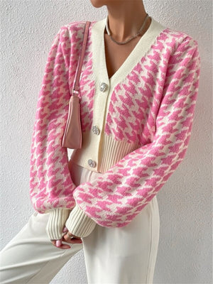 Houndstooth Balloon Sleeve Knitted Cardigan Sweater