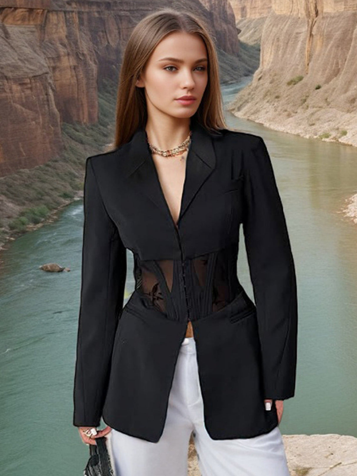 Herringbone Waist Trainer Mesh Splicing Body-shaping Perspective Blazers