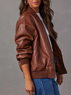 PU Leather Crew Neck Zip-up Baseball Jacket, Autumn/winter Long-sleeved Jacket, Leather Coat