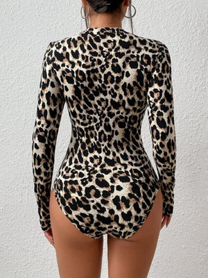 Leopard Print Stand Collar Long-sleeved Leopard Print Jumpsuit Top