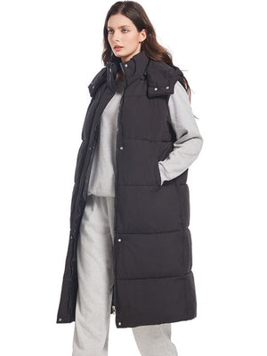Hooded Zipper Button Vest Long Knee-length Vest Slim Waist Down Vest Jacket