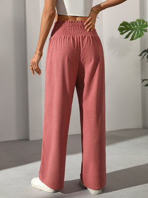 Ruffled Waistband Button High Waist Straight Leg Casual Elegant French Women's Trousers