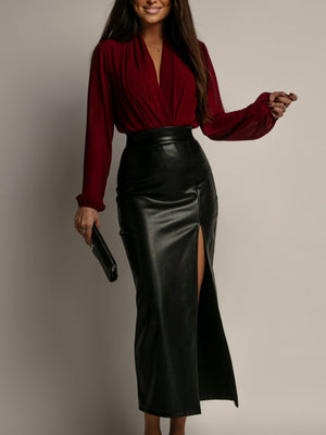 Leather Stitching High-waisted Side Slit Long Skirts