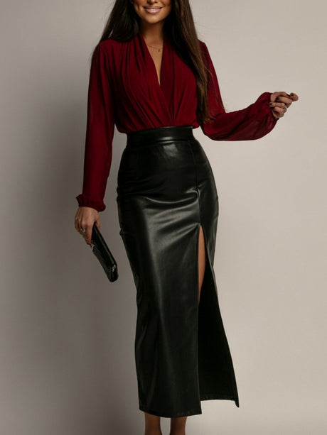 Leather Stitching High-waisted Side Slit Long Skirts