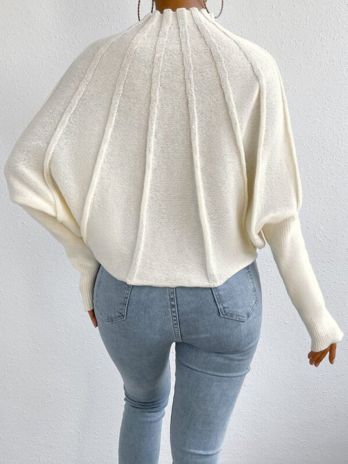 Crochet Mock Neck Batwing Sleeves Knitted Sweater