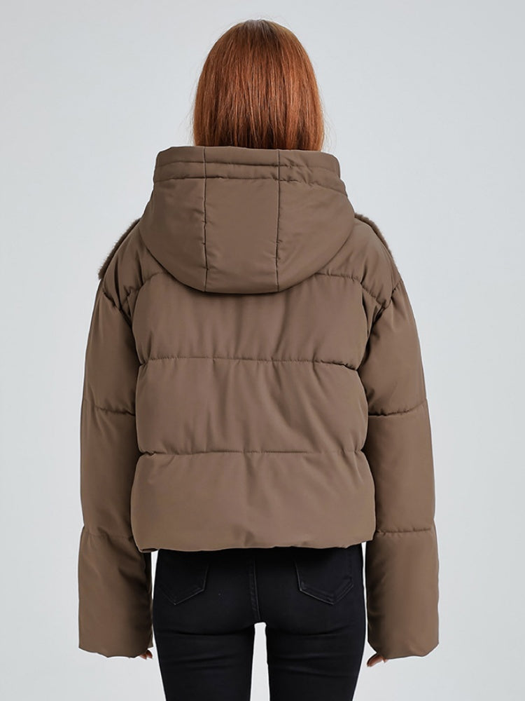 Fur Hooded Button Short Down Jacket Thickened Coat