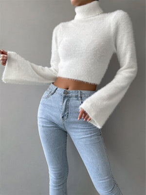 Turtleneck Short Exposing Belly Button Plush Sweater