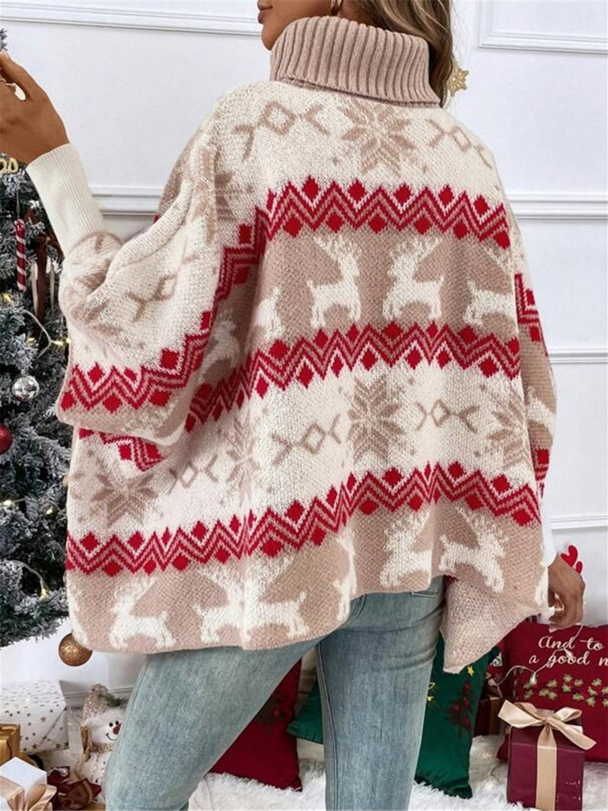 Christmas Elk Contrasting Colors Batwing Sleeve Sweater