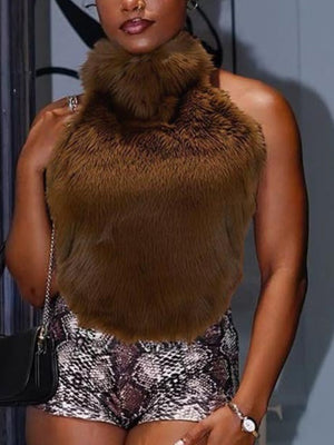 Furry Turtleneck Big Backless Halter Top Tank Tops&Camis