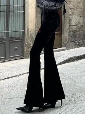 Y2K Velvet Ribbon Embroidery High-waisted Flared Pants Slimming Pants