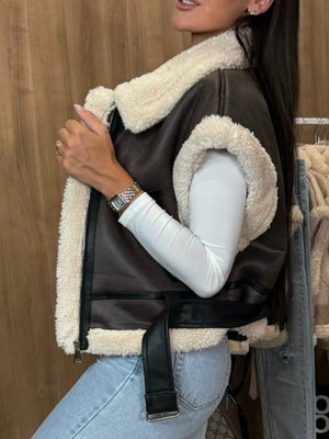 Collared Zippered Fur-lined Vest