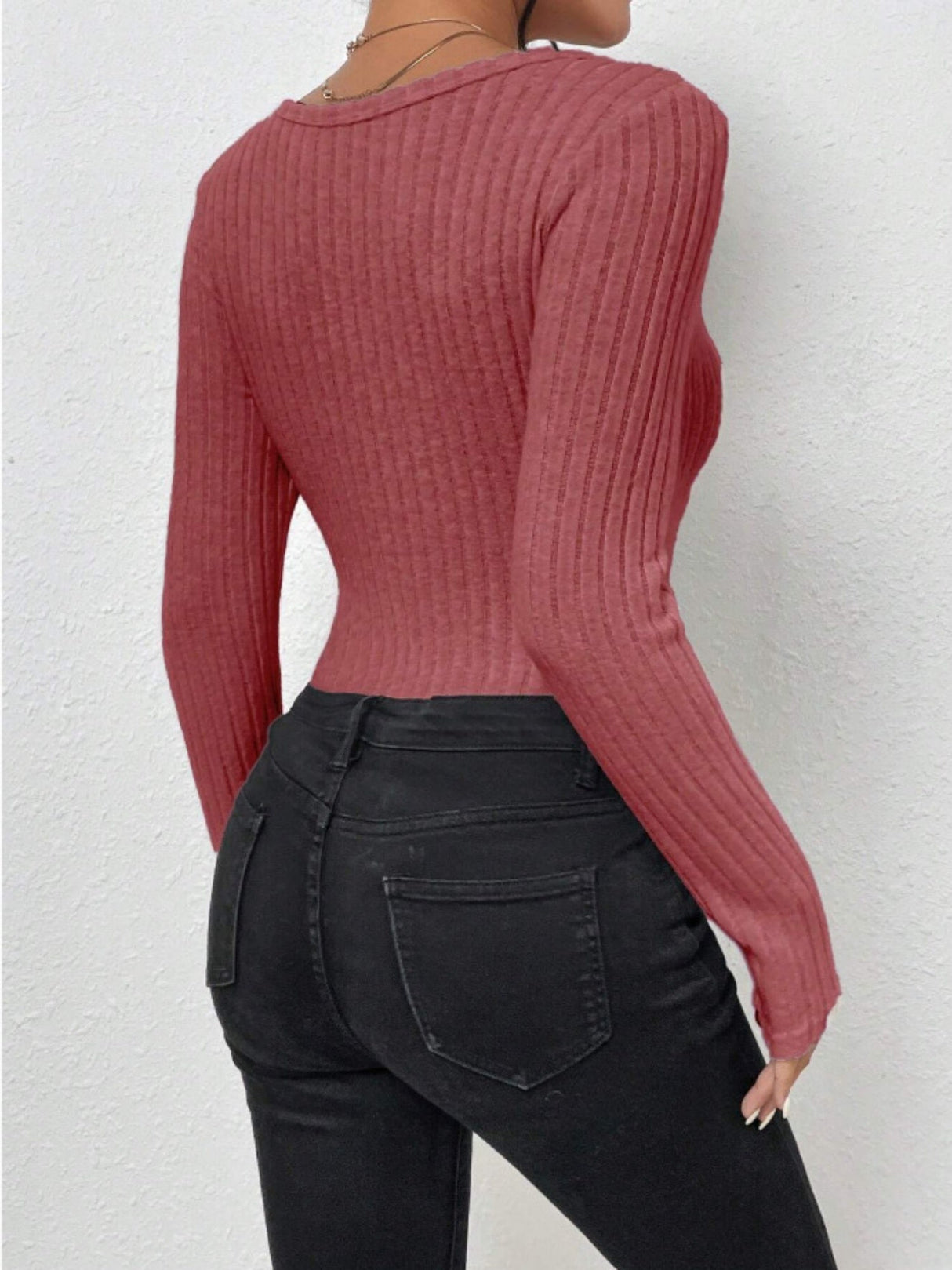 Knitted Ribbed Brushed Striped Square Neck Long-Sleeved Bodysuit Top