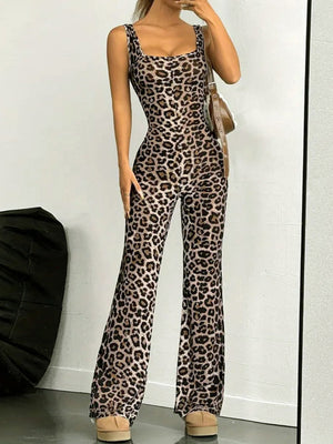Liber Leopard Print Bell-bottoms Suspender Bodysuit/pants