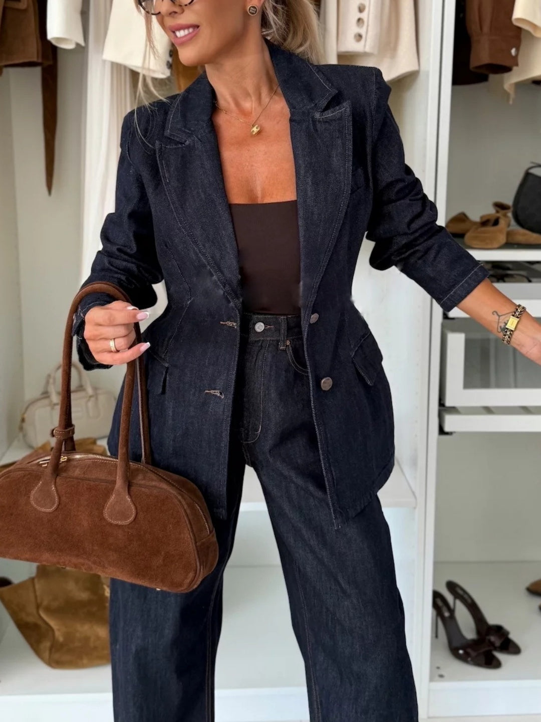 Denim Waist Buttons Blazers Straight Leg Jeans 2-piece Sets