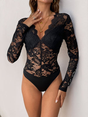 Body moulant à manches longues et col en V en dentelle ajourée