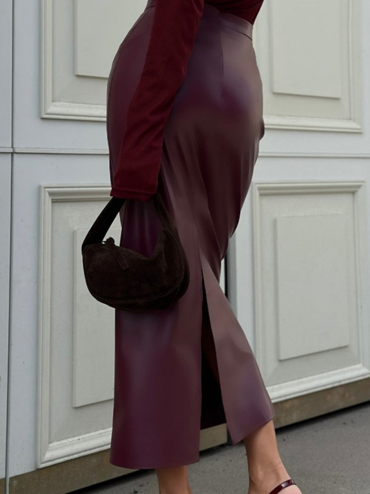 Leather Stitching High-waisted Slim Fit Hip Body Side Slit Long Skirts