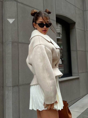 Lapel Lamb Wool Zip-up Long-sleeved Solid Color Autumn And Winter Short Jacket