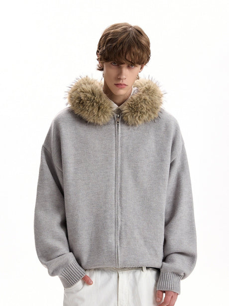 Fur Collar Hooded Knitting Cardigan Coat