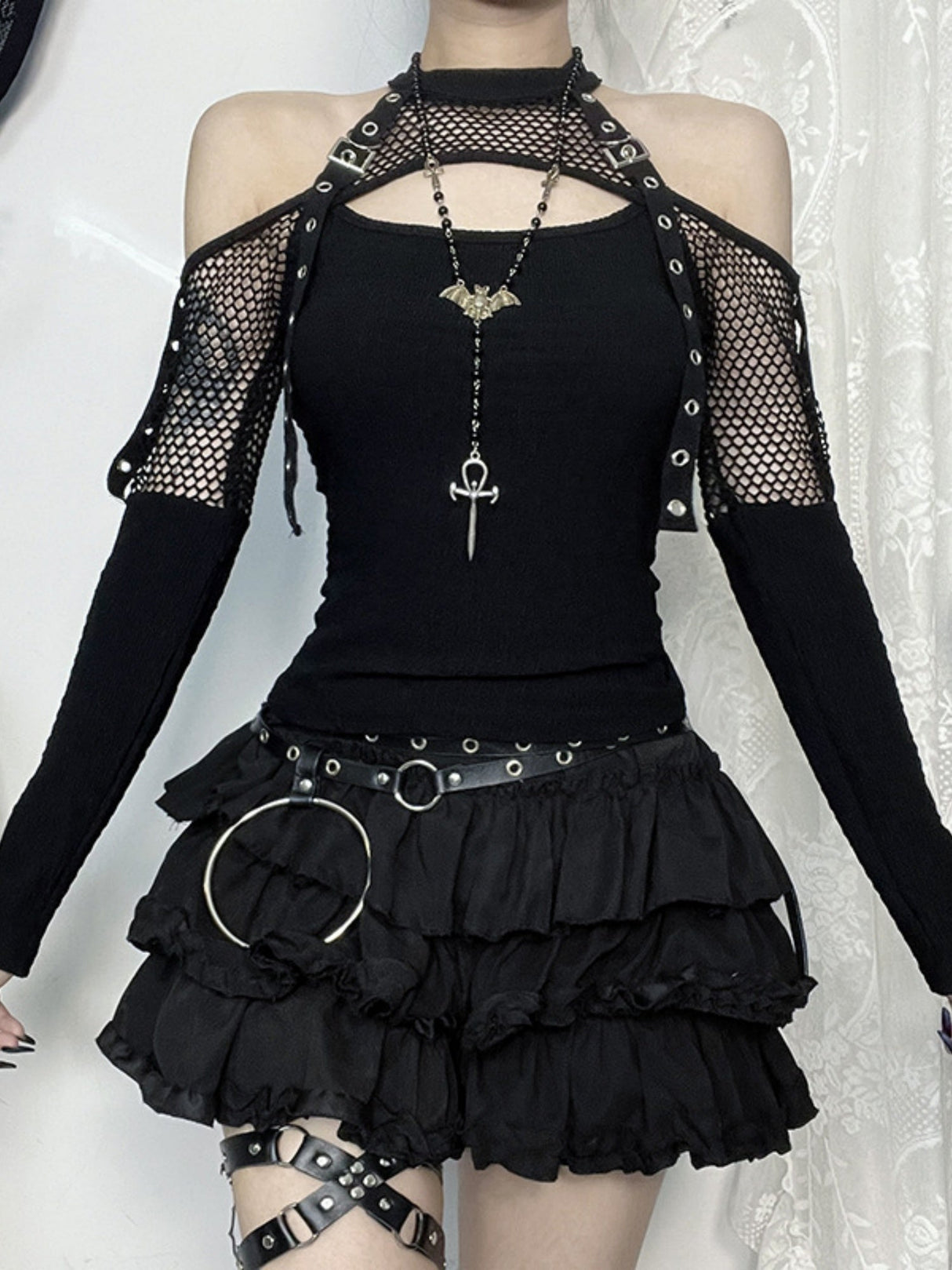 Y2K Hollow Out Off-shoulder Grid Splicing Long-sleeved T-shirt