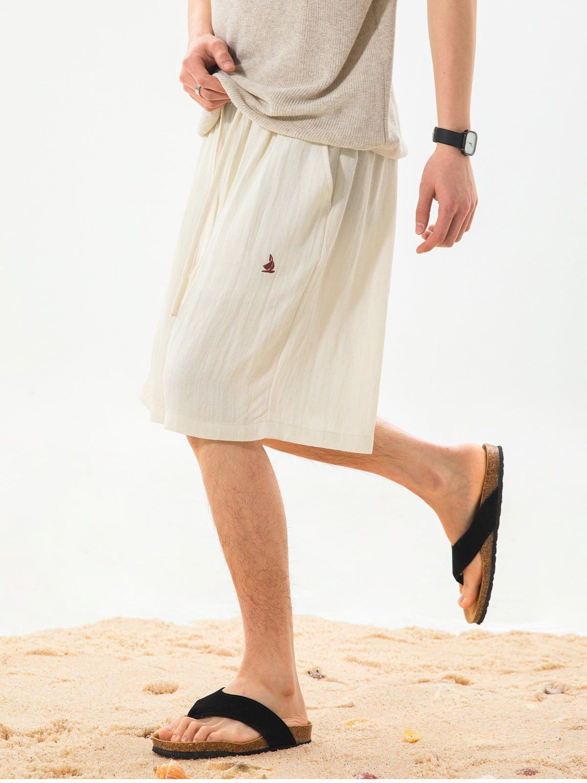 Imitation Linen Lightweight Color-blocked Embroidery Loose-fit Five Points Shorts
