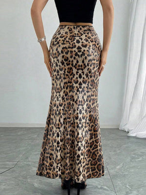 Leopard Print Sequins Stretch Skirts