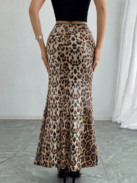 Leopard Print Sequins Stretch Skirts