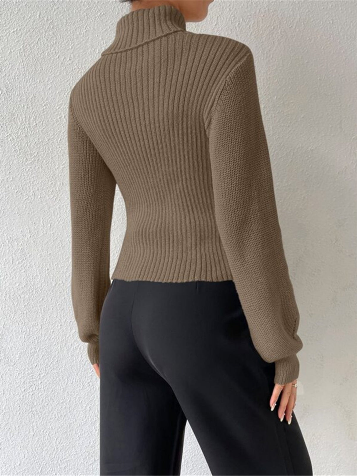 Turtleneck Hollow Out Balloon Sleeve Knitted Sweater