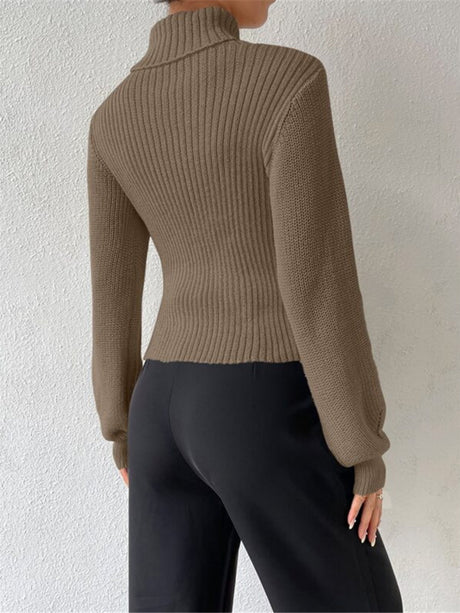 Turtleneck Hollow Out Balloon Sleeve Knitted Sweater